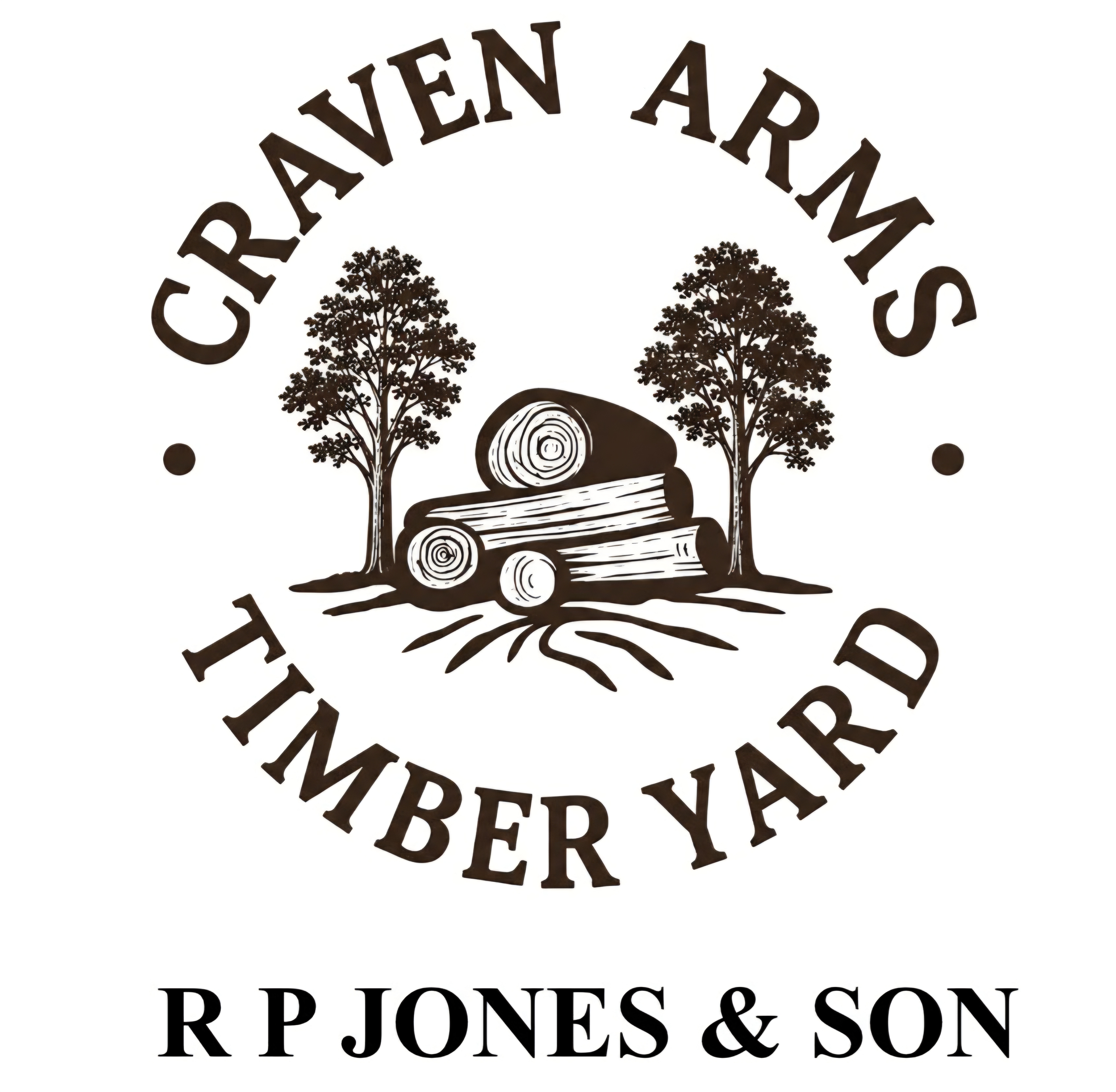 R P Jones & Son logo, featuring the words "Craven Arms Timber Yard R P Jones & Son" and a stack of logs surrounded by hardwood oak trees.